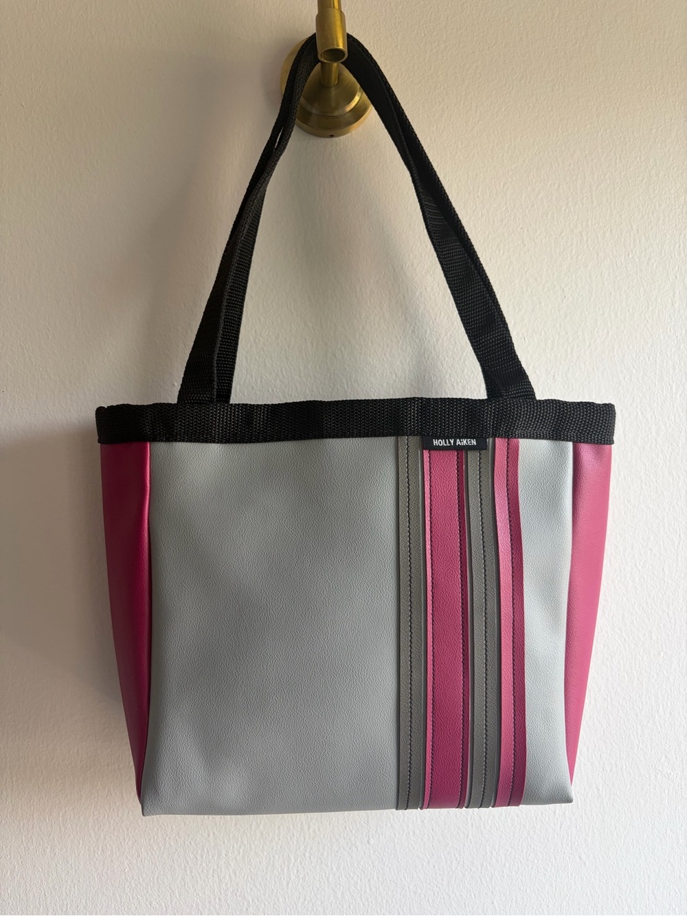 Holly Aiken Gray and Pink Stripe Tote with Black Handles